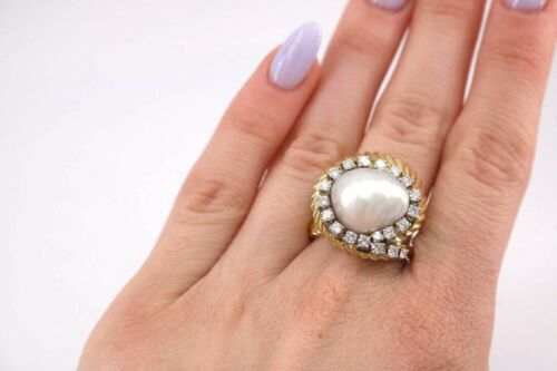 18k Yellow Gold 1.00 CT Diamond & Pearl Ladies Ring, 12.7gm, Size 8.5