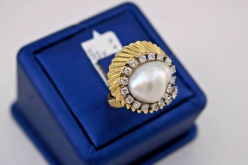 18k Yellow Gold 1.00 CT Diamond & Pearl Ladies Ring, 12.7gm, Size 8.5