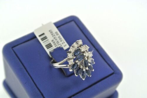 14K White Gold 1.50 CT Diamond & Sapphire Cluster Ladies Ring, 6.5gm