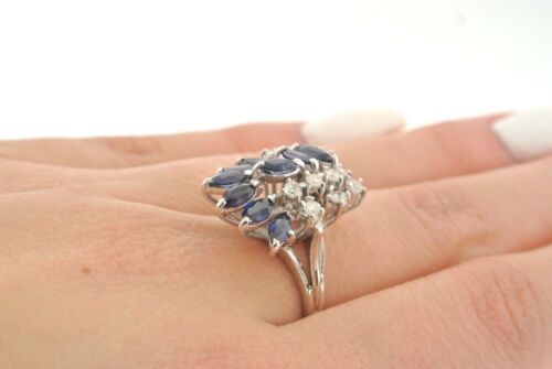 14K White Gold 1.50 CT Diamond & Sapphire Cluster Ladies Ring, 6.5gm