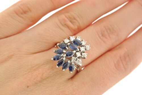 14K White Gold 1.50 CT Diamond & Sapphire Cluster Ladies Ring, 6.5gm