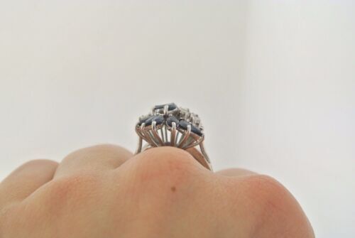14K White Gold 1.50 CT Diamond & Sapphire Cluster Ladies Ring, 6.5gm