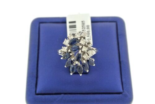 14K White Gold 1.50 CT Diamond & Sapphire Cluster Ladies Ring, 6.5gm