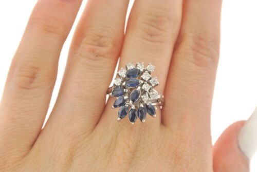 14K White Gold 1.50 CT Diamond & Sapphire Cluster Ladies Ring, 6.5gm
