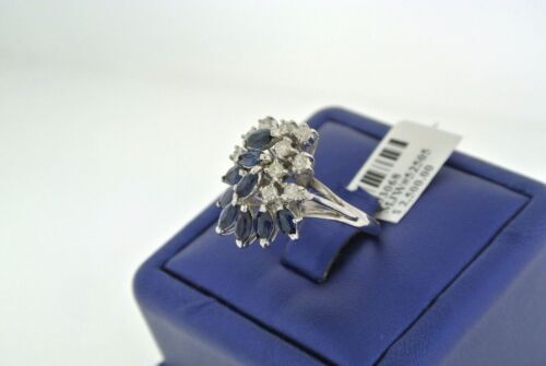 14K White Gold 1.50 CT Diamond & Sapphire Cluster Ladies Ring, 6.5gm
