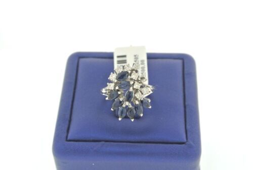 14K White Gold 1.50 CT Diamond & Sapphire Cluster Ladies Ring, 6.5gm
