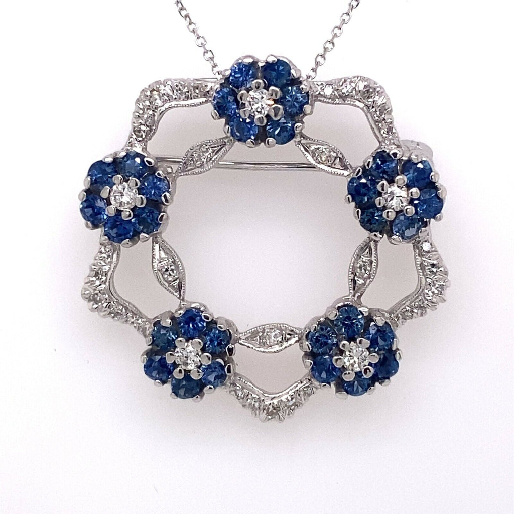 14k White Gold 1.50 CT Diamond & Sapphire Pendant / Brooch, 11.2g