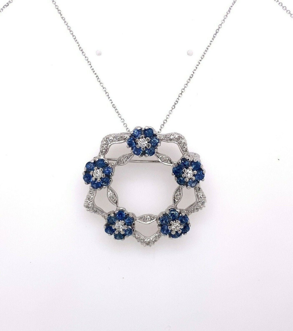 14k White Gold 1.50 CT Diamond & Sapphire Pendant / Brooch, 11.2g