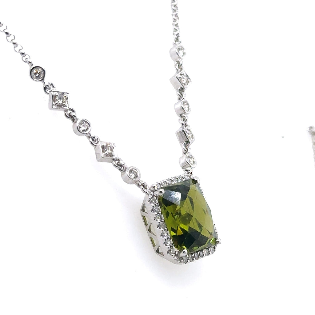 14k White Gold 10.00Ct Green Peridot Pendant Necklace, 7.2G, 17", S12512