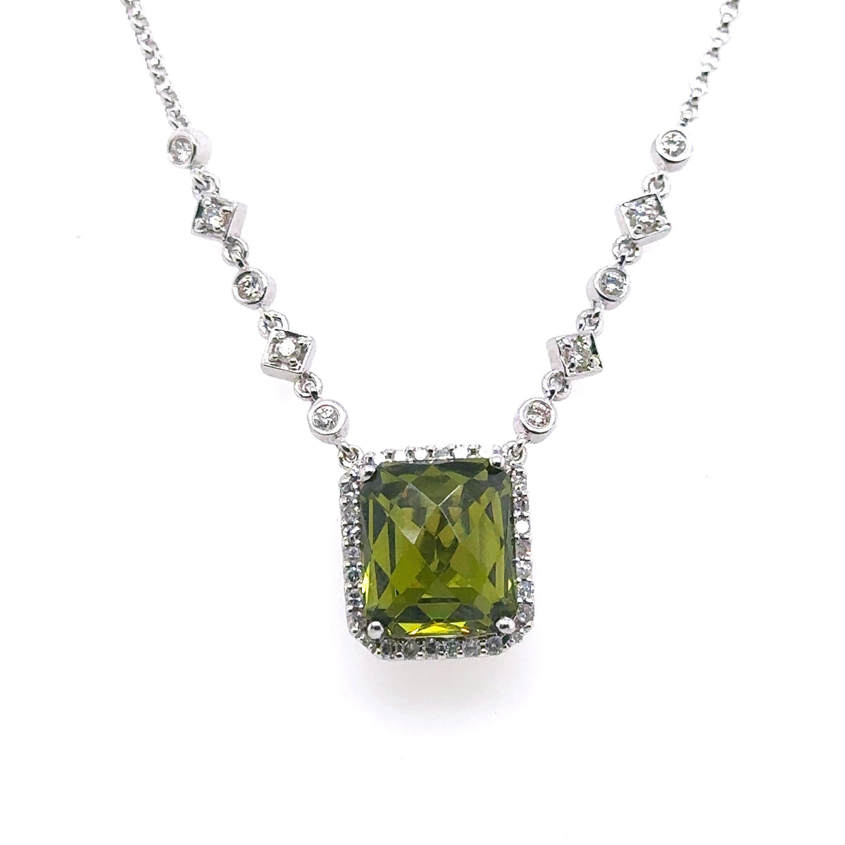 14k White Gold 10.00Ct Green Peridot Pendant Necklace, 7.2G, 17", S12512