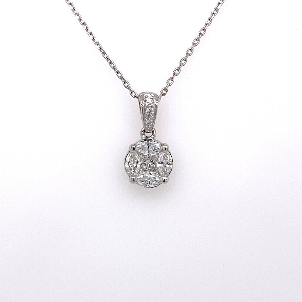 18k White Gold 1.00 CT Diamond Cluster Pendant, 2.4g, 16"