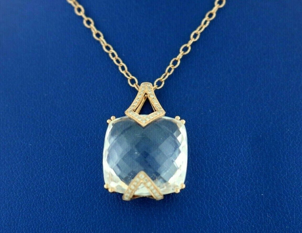 14k Rose Gold 18.00 CT White Topaz & Diamond Pendant Necklace, 8.1gm,