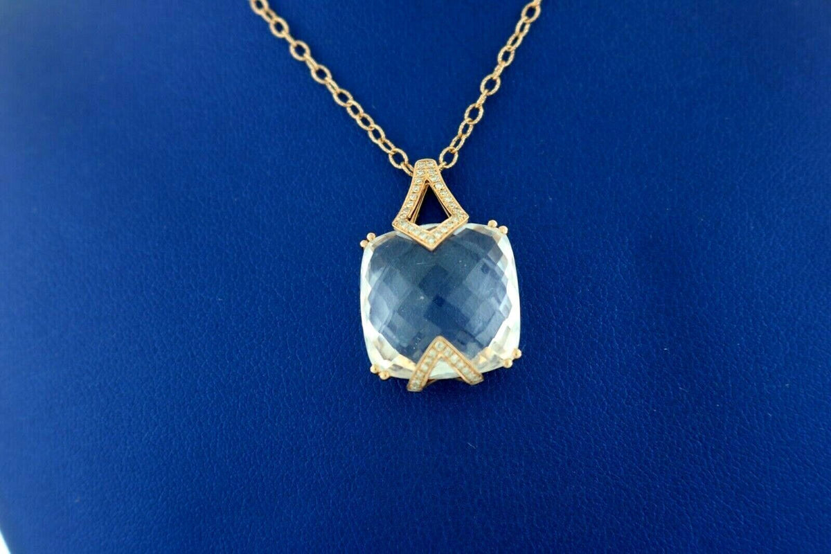 14k Rose Gold 18.00 CT White Topaz & Diamond Pendant Necklace, 8.1gm,