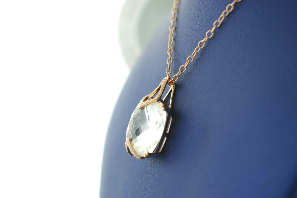 14k Rose Gold 18.00 CT White Topaz & Diamond Pendant Necklace, 8.1gm,