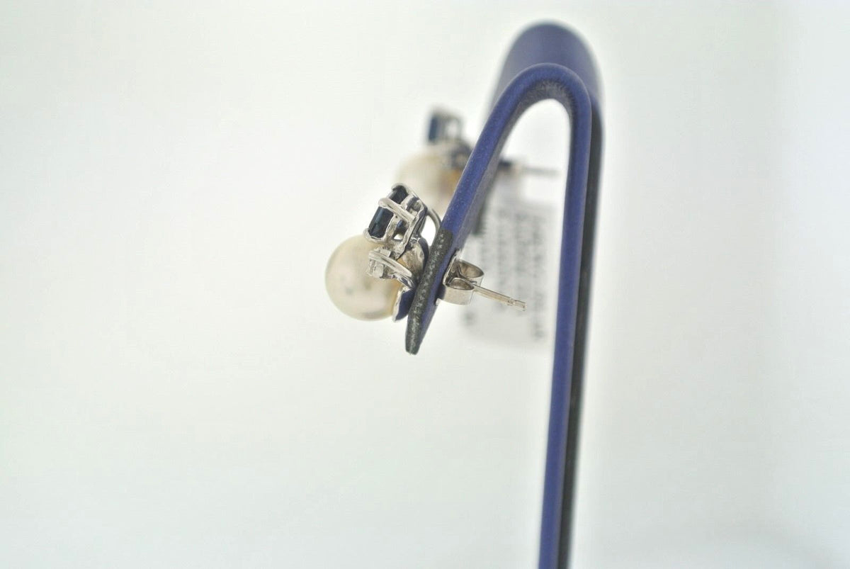 14k White Gold Akoya white Pearl, Sapphire, & Diamond Stud Earrings