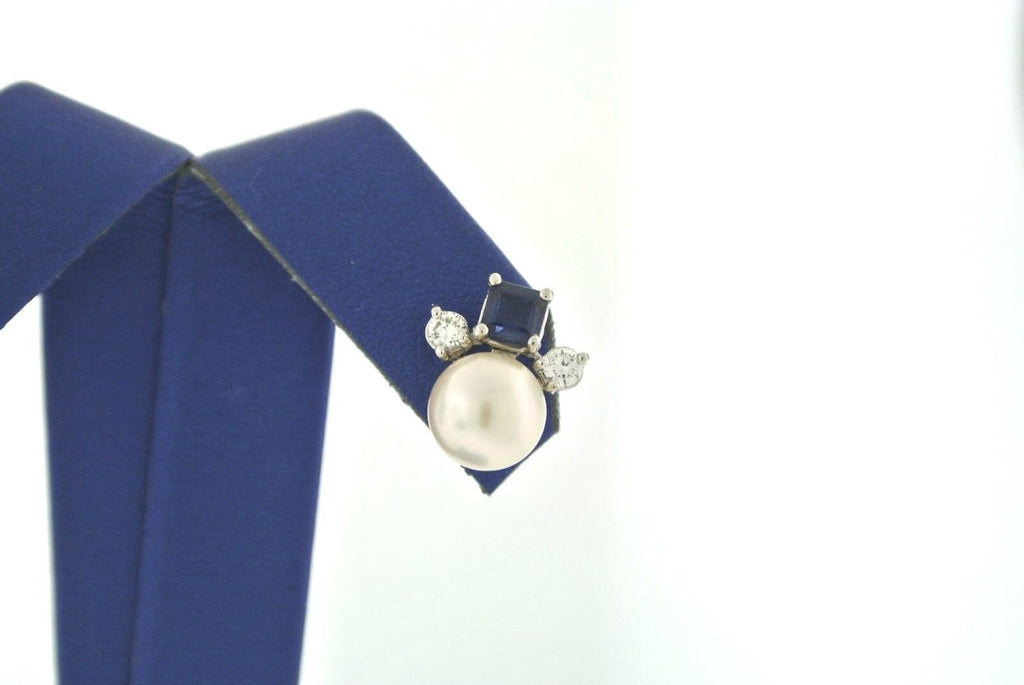 14k White Gold Akoya white Pearl, Sapphire, & Diamond Stud Earrings
