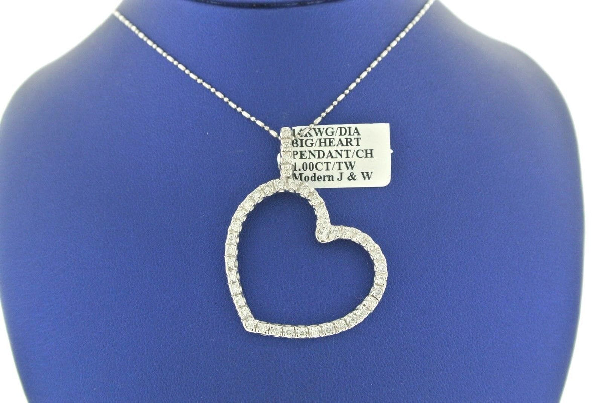 14K WHITE GOLD CHAIN 1.00 CT DIAMOND HEART PENDANT 6.8 GM, S100613