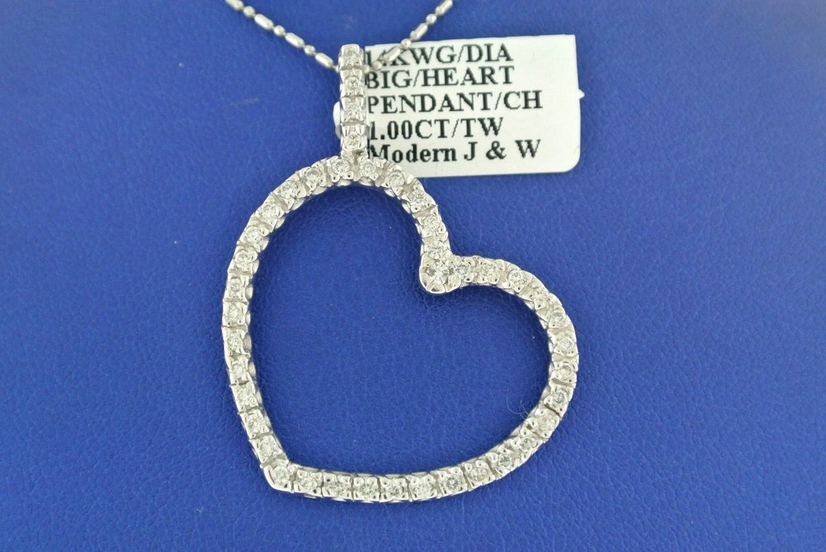 14K WHITE GOLD CHAIN 1.00 CT DIAMOND HEART PENDANT 6.8 GM, S100613