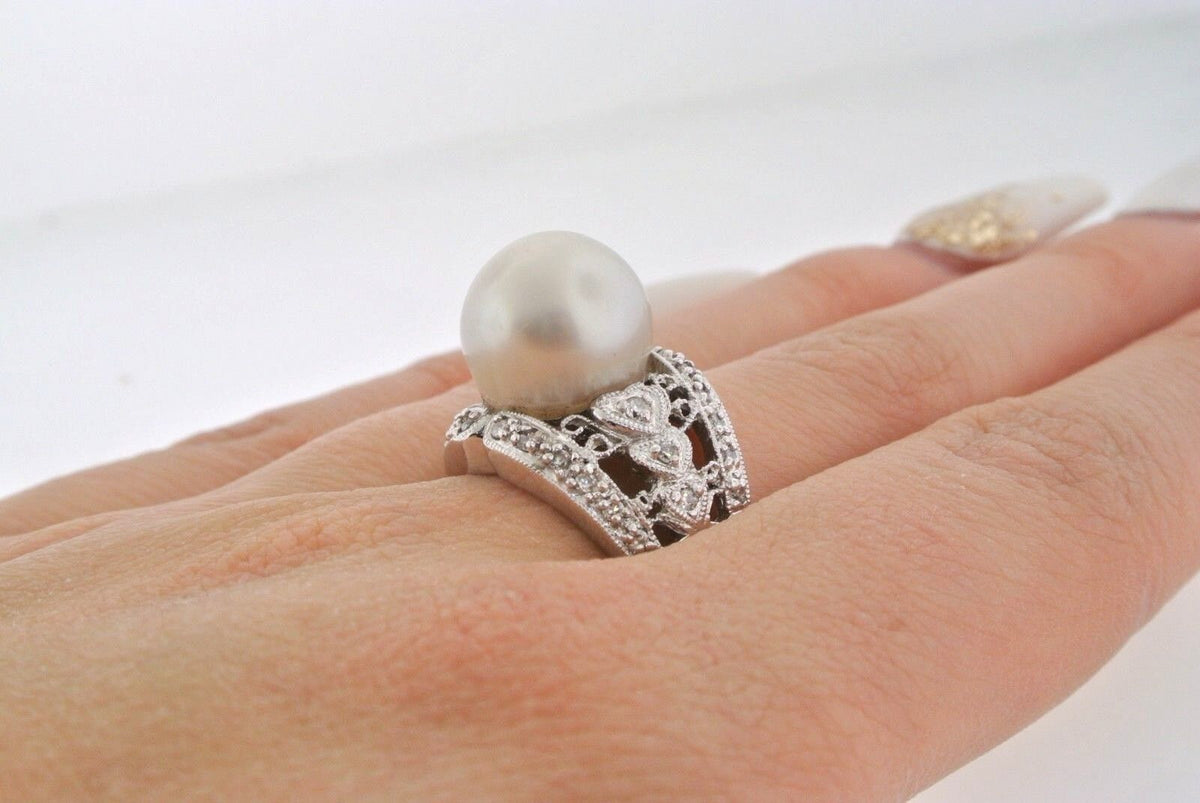 18k White Gold 12mm Pearl & 0.50 CT Diamond Ladies Ring, 10gm, Size 7, S103949