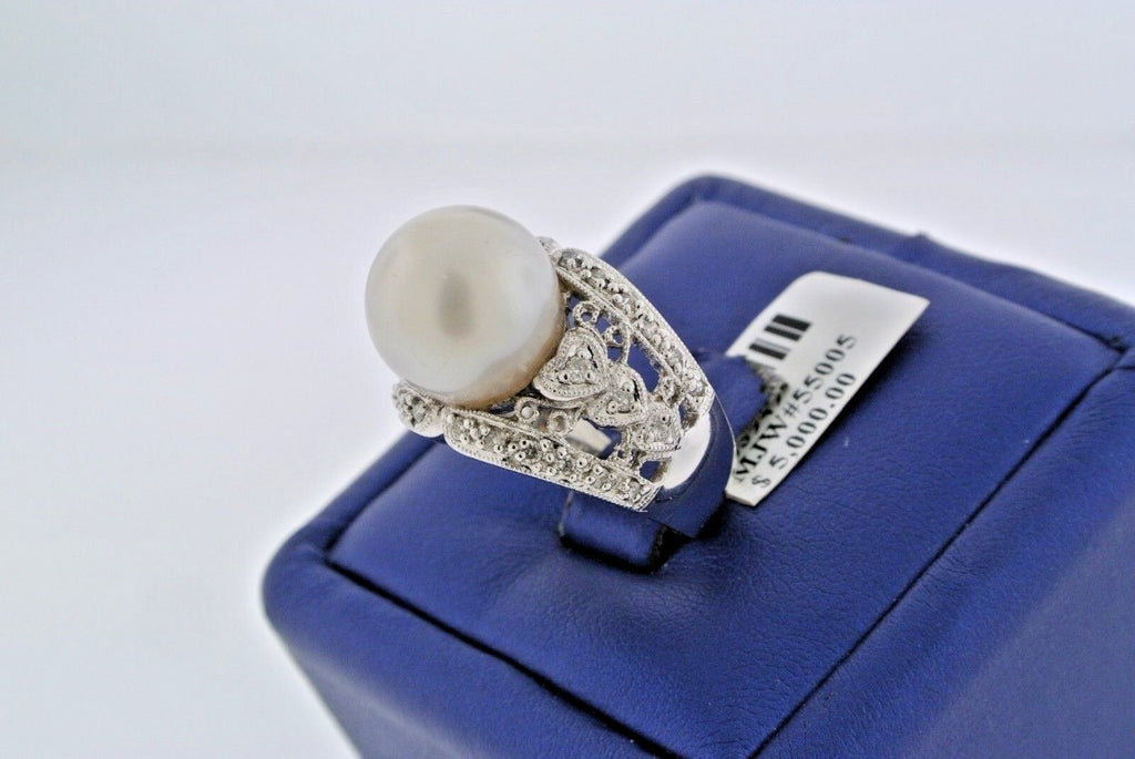 18k White Gold 12mm Pearl & 0.50 CT Diamond Ladies Ring, 10gm, Size 7, S103949