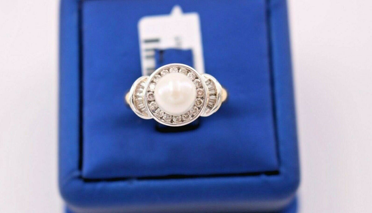 14k Two Tone Gold 0.50 CT Diamond & Pearl Ladies Ring, 6.3gm, Size 7, S105069
