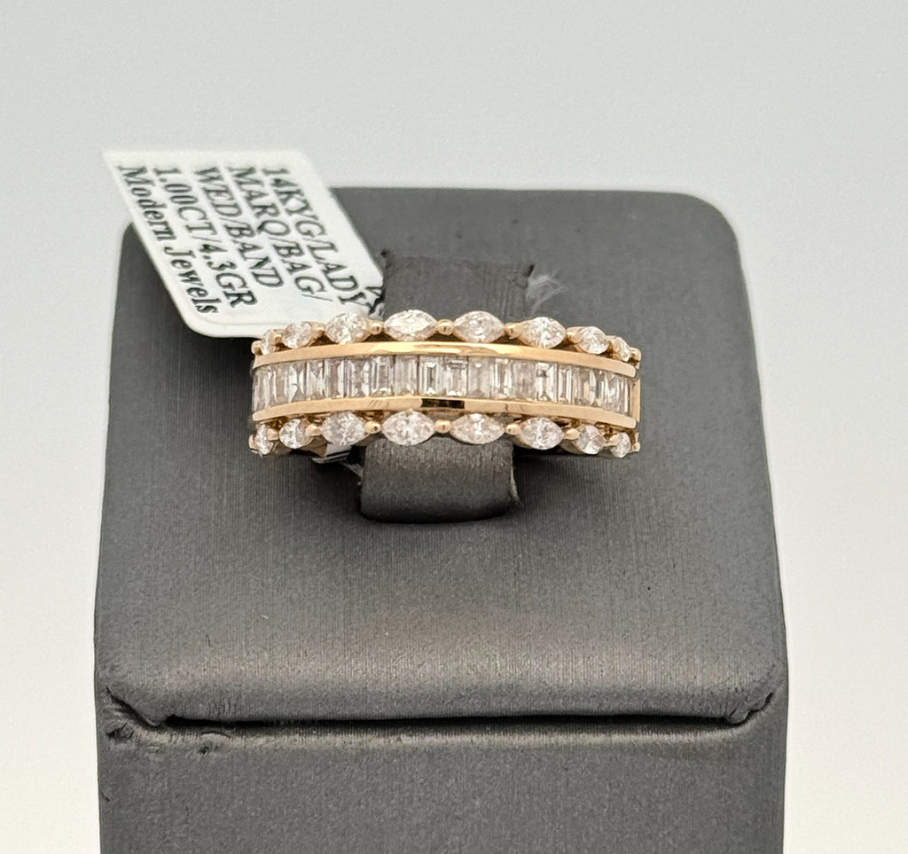14k Yellow Gold 1.00CT Emerald &Marquise Diamond Wedding Band 4.3g Size 7 S16550