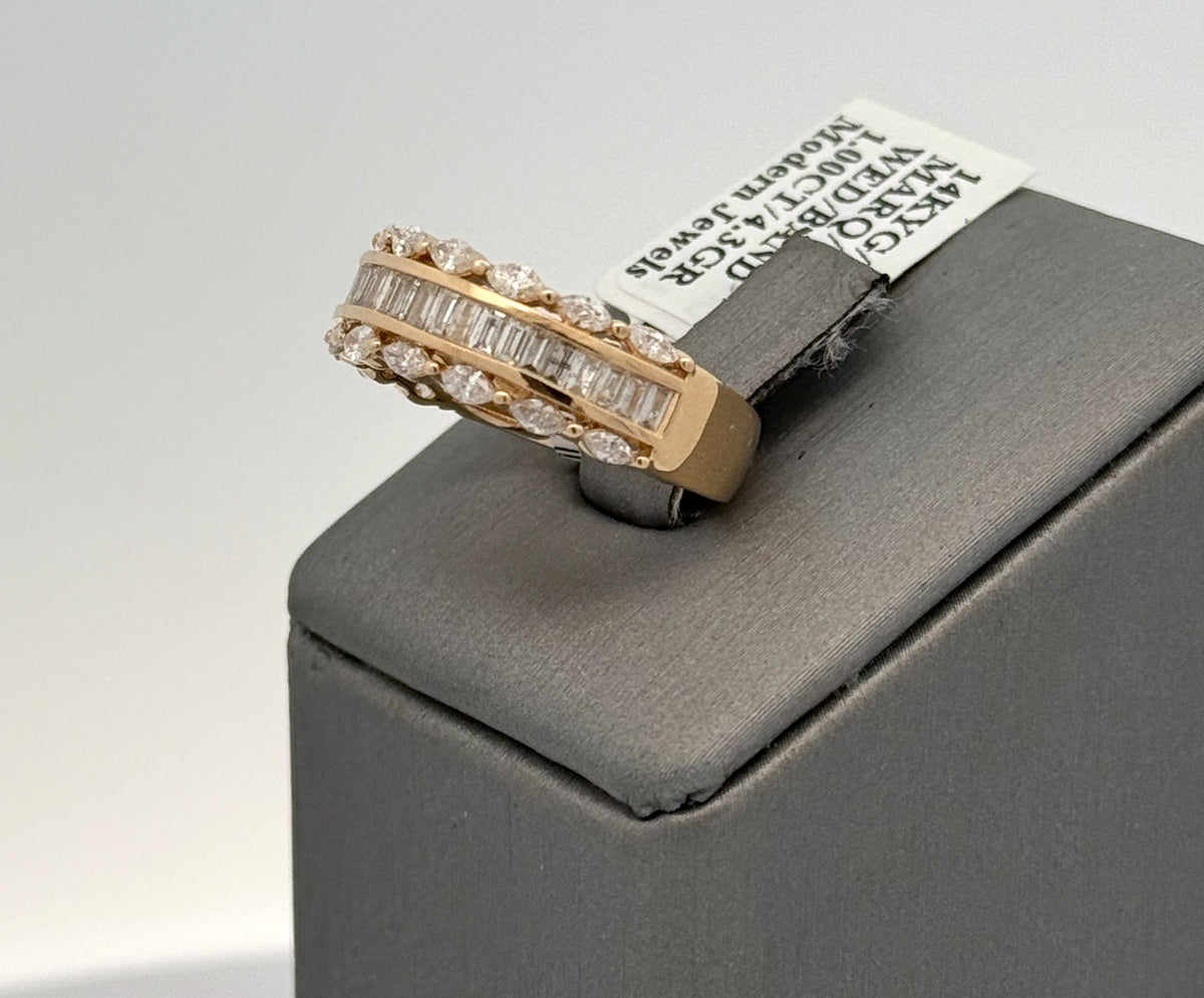 14k Yellow Gold 1.00CT Emerald &Marquise Diamond Wedding Band 4.3g Size 7 S16550