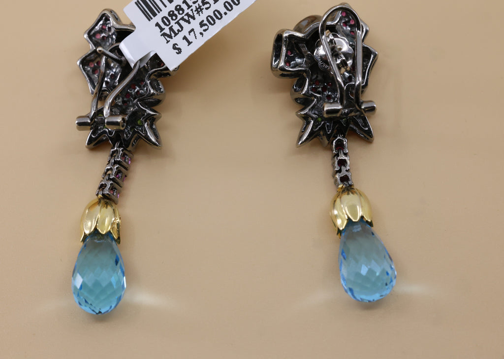 18k White Gold Multi Color Gemstone Drop Earrings, 16.2g, S108815
