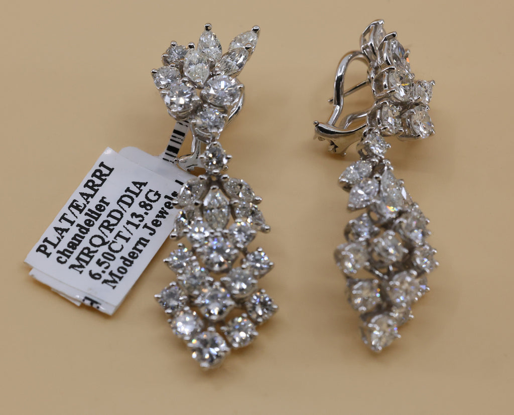 Platinum Chandelier Earrings 13.8g, 6.50CT Marquise & Round Cut Diamonds, S16743