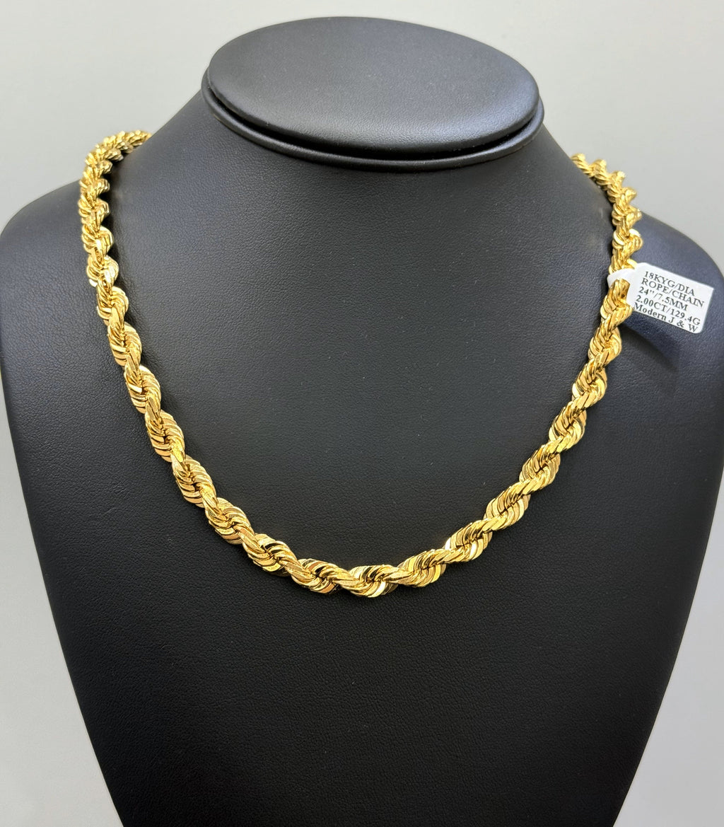 18k Yellow Gold Men's Rope Chain Necklace, 129.4gm, 7.5mm, 24", S108398
