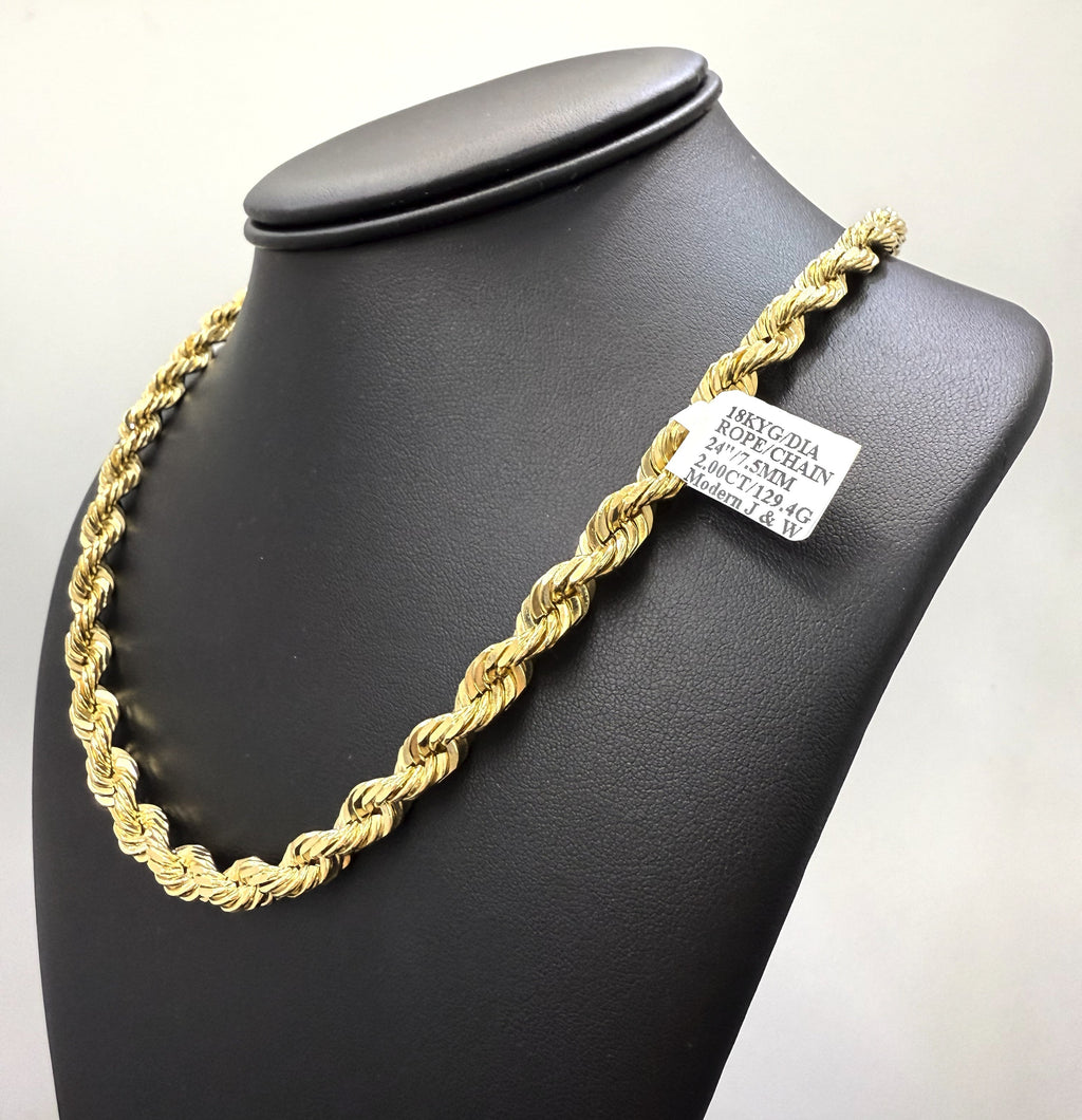 18k Yellow Gold Men's Rope Chain Necklace, 129.4gm, 7.5mm, 24", S108398
