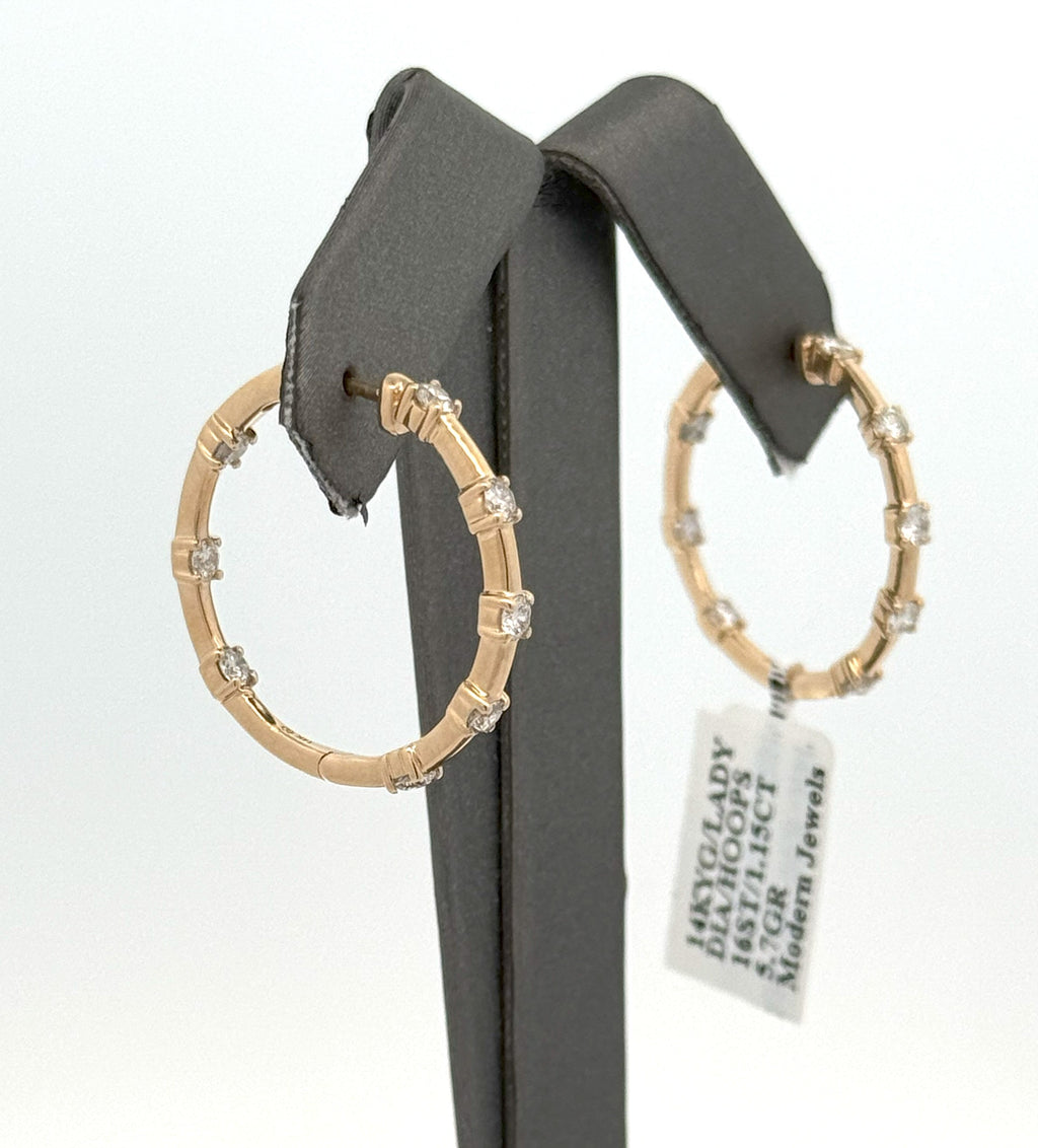 14k Yellow Gold 1.15 CT Diamond Inside Out Hoop Earrings, 5.7g, S16593