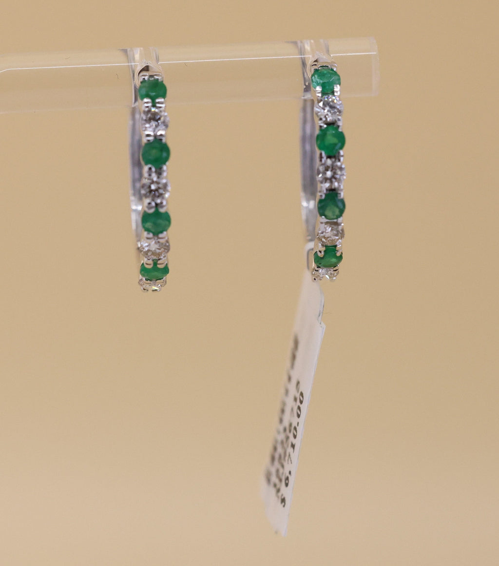 14k White Gold 0.75CT Diamond & Emrld Hoop Earrings, 3.3gm, S16823
