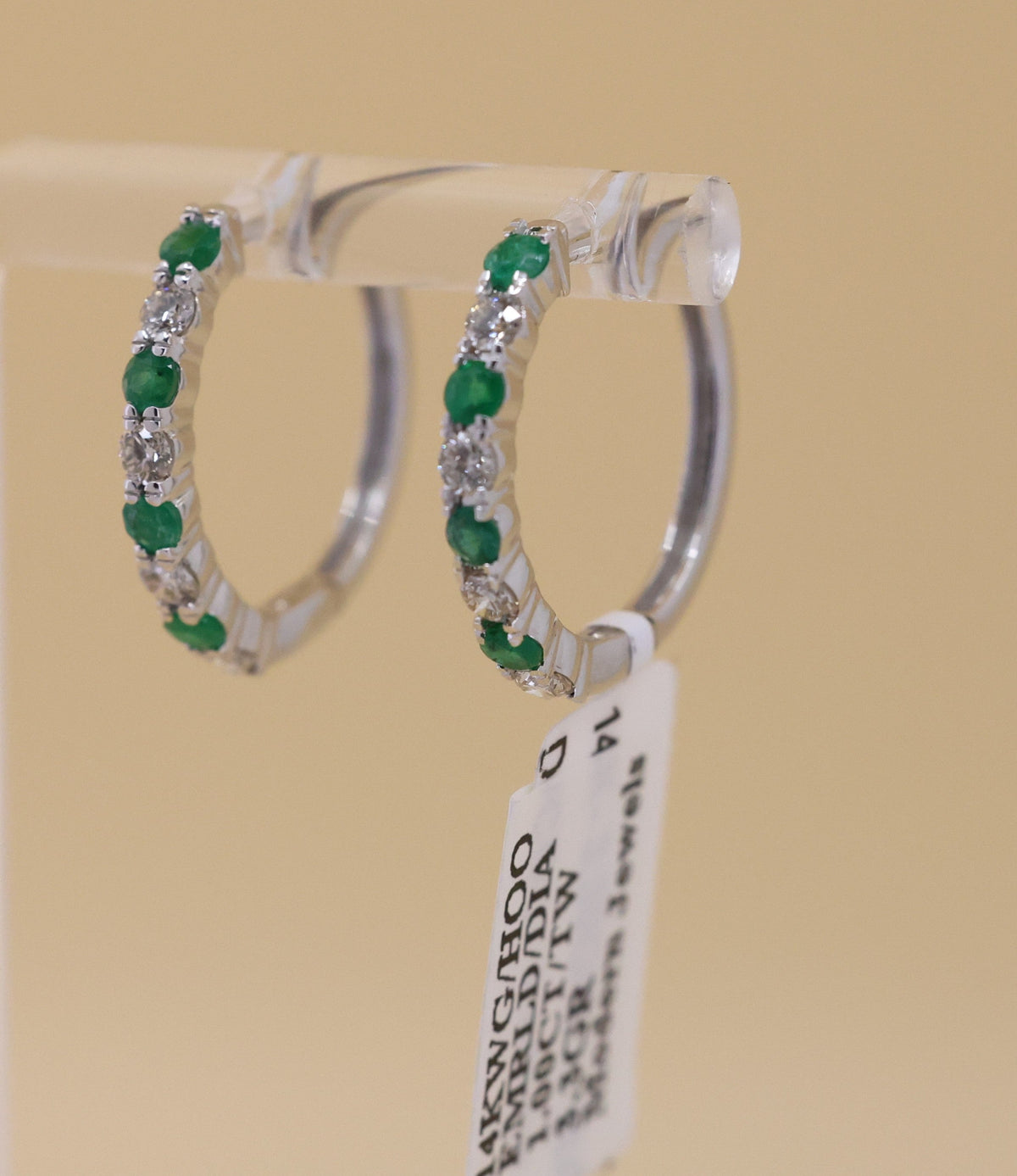 14k White Gold 0.75CT Diamond & Emrld Hoop Earrings, 3.3gm, S16823