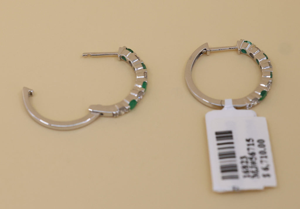 14k White Gold 0.75CT Diamond & Emrld Hoop Earrings, 3.3gm, S16823