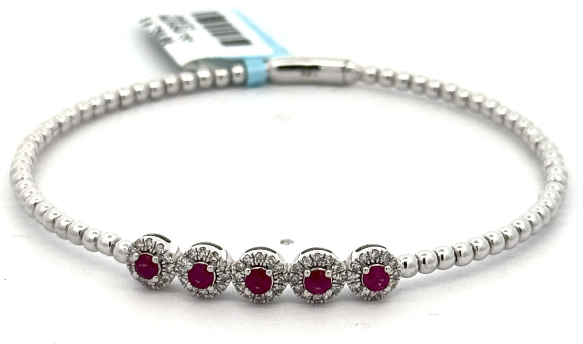 14k White Gold 1.00CT Diamond & Ruby Bangle Bracelet, 6.9g, S16615