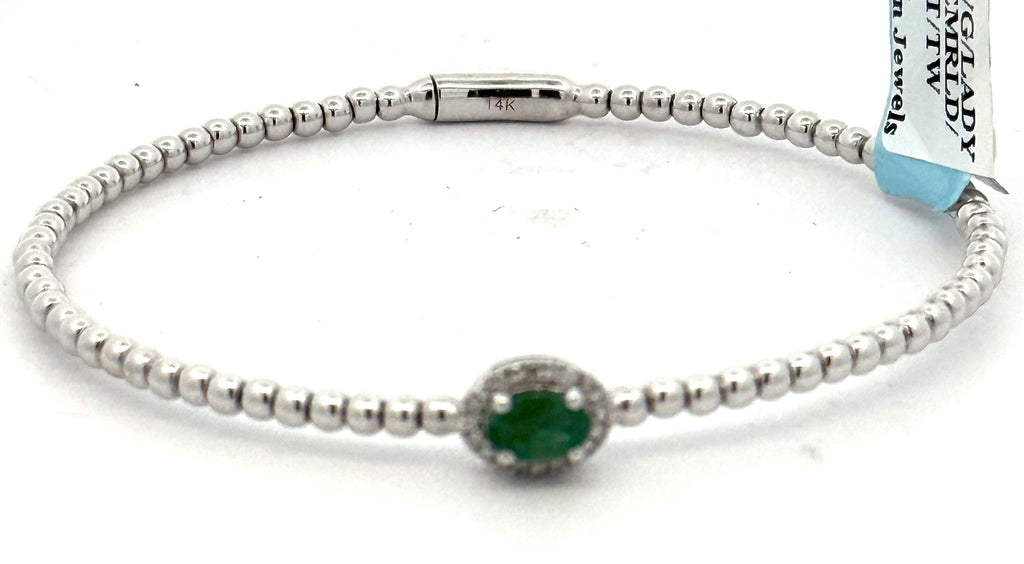 14k White Gold 1.00 CT Diamond & Emerald Bangle Bracelet, 6.1gm, S16614