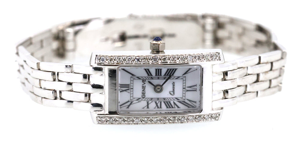 14k White Gold Square Diamond Geneve Italian Watch 28mm (Pre-owned)