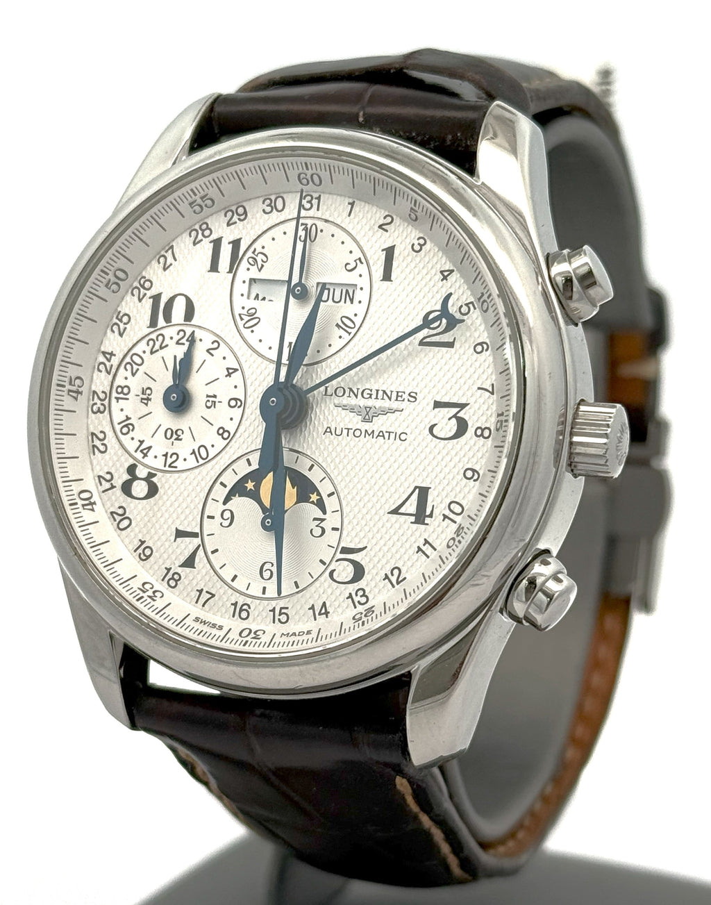 LONGINES MASTER COLLECTION CHRONO MOONPHASE 40MM Silver Dial Leather Men's Watch L2.673.4.78.3