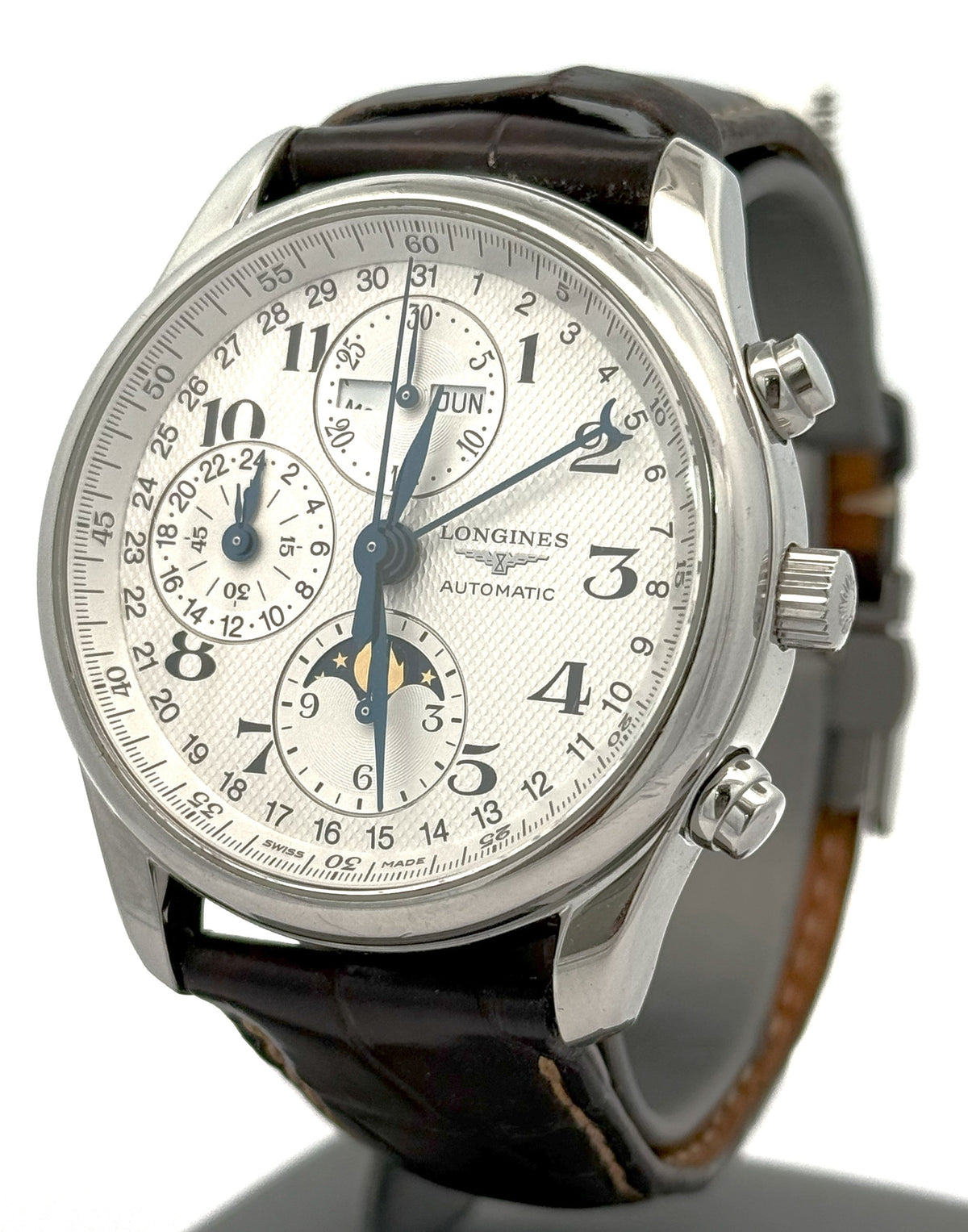 LONGINES MASTER COLLECTION CHRONO MOONPHASE 40MM Silver Dial Leather Men's Watch L2.673.4.78.3