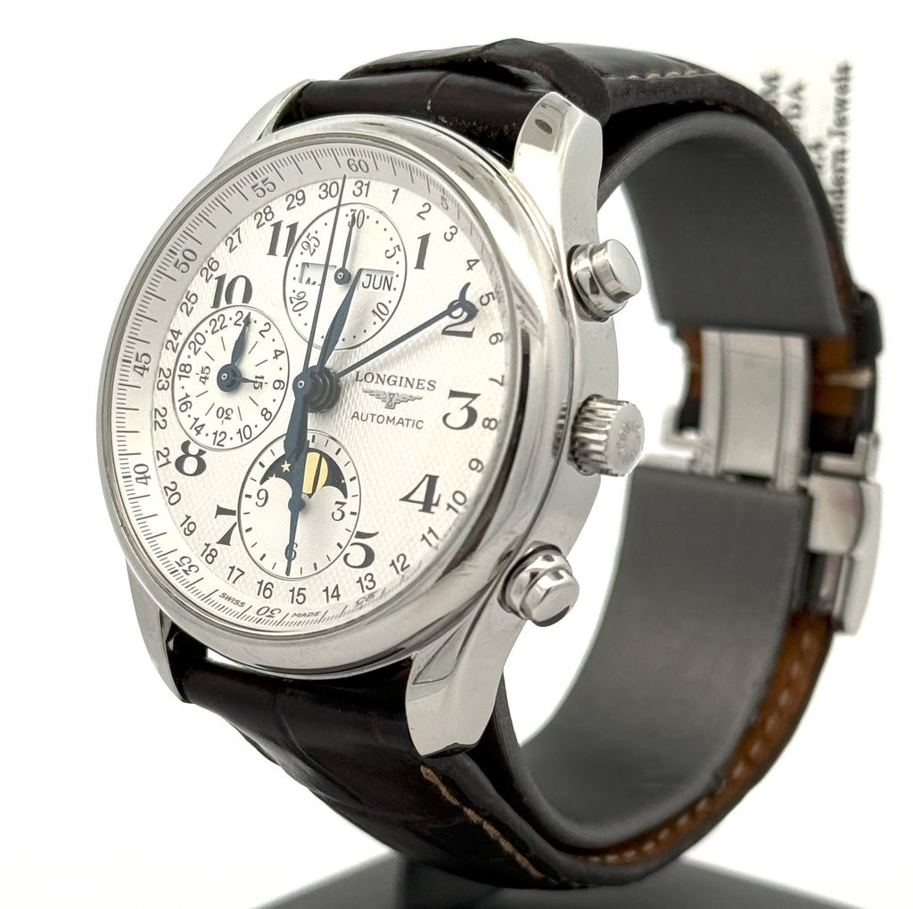 LONGINES MASTER COLLECTION CHRONO MOONPHASE 40MM Silver Dial Leather Men's Watch L2.673.4.78.3