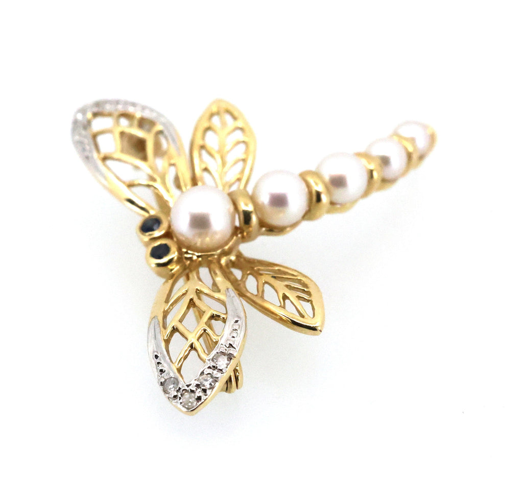 14k Yellow Gold Dragonfly Pin / Brooch with Pearls & Diamonds 3.9g, S109027