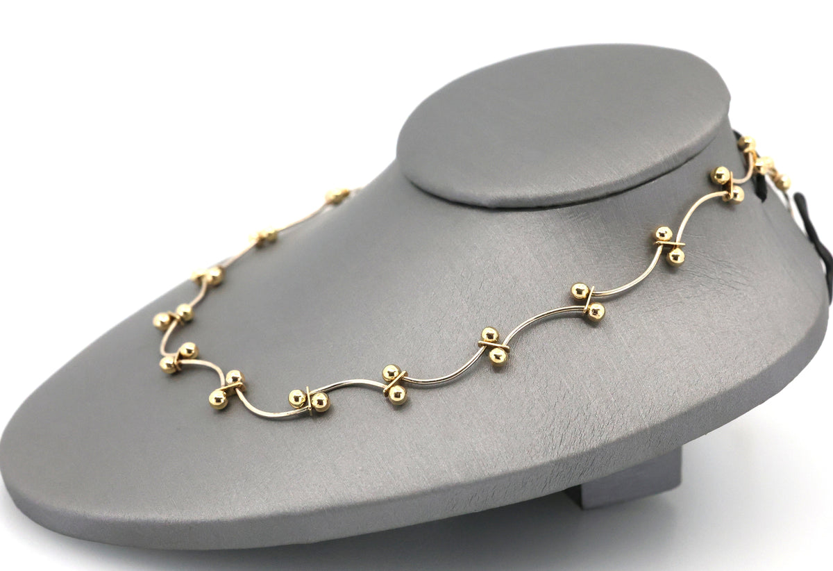 Vintage 14K White & Yellow Gold Curved Ball Link Chain Necklace 15.5",7.9g, S