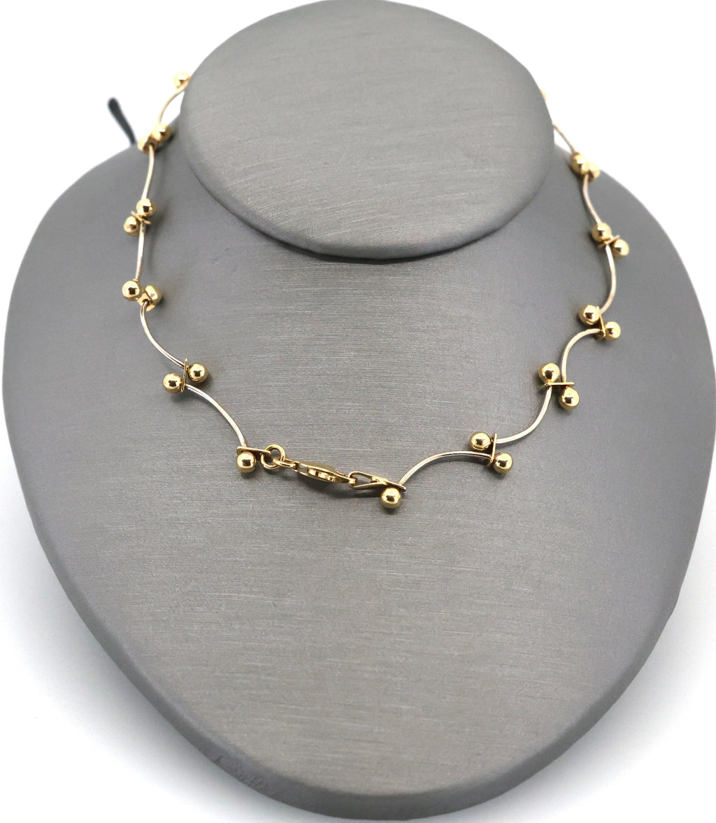 Vintage 14K White & Yellow Gold Curved Ball Link Chain Necklace 15.5",7.9g, S