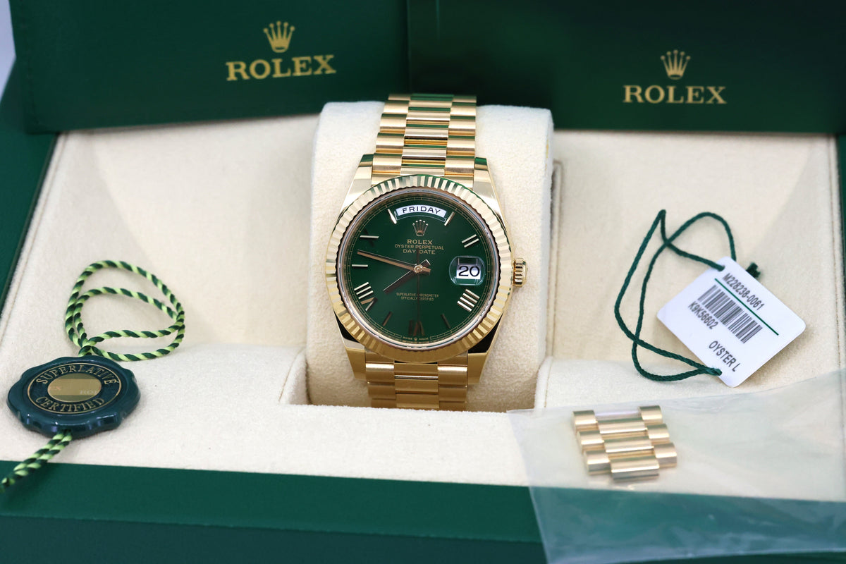 Rolex Men's Day Date President 40mm Yellow Gold Green Roman 228238, Brand New