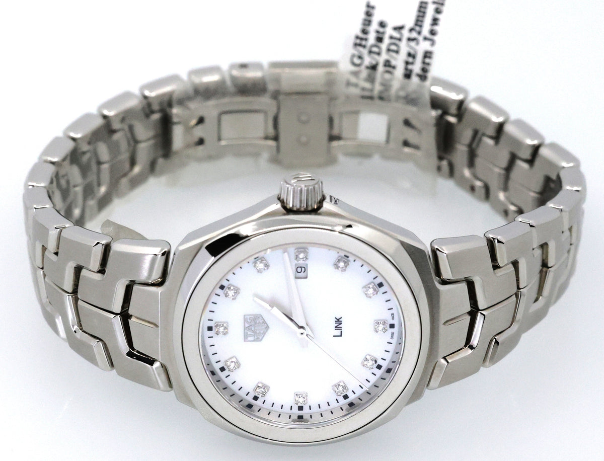 TAG Heuer LINK Date Quartz Mother-of-Pearl Diamond Dial Stainless Steel Watch 32mm, WBC1312.BA0600, S17041