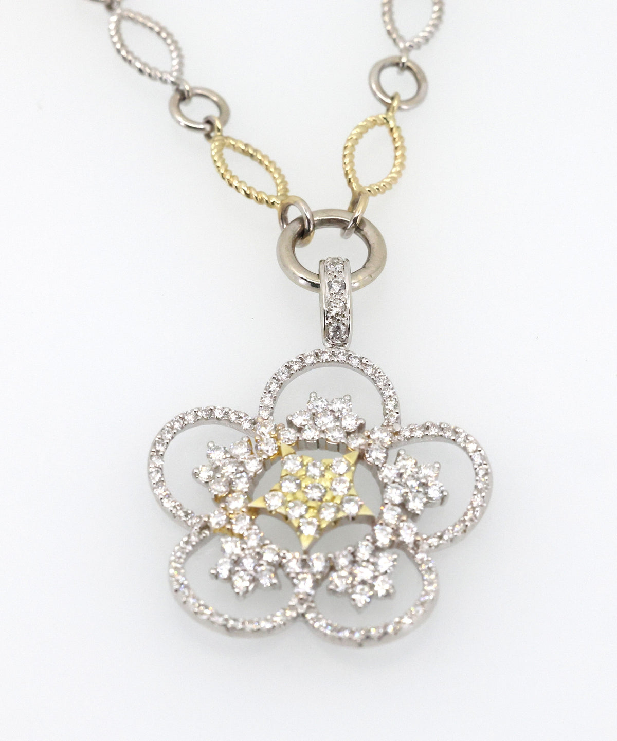 14k White & Yellow Gold Flower Diamond Pendant Necklace, 22.8g