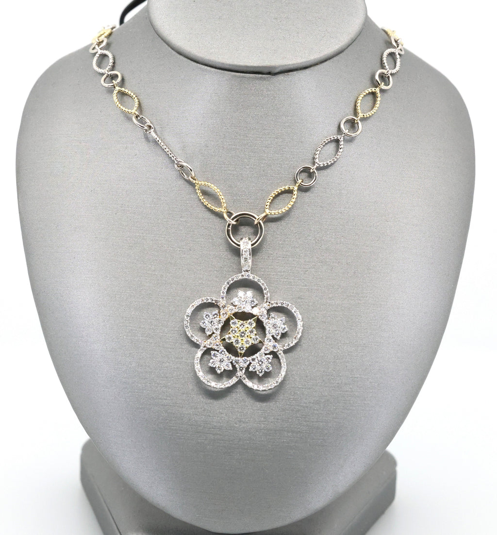 14k White & Yellow Gold Flower Diamond Pendant Necklace, 22.8g