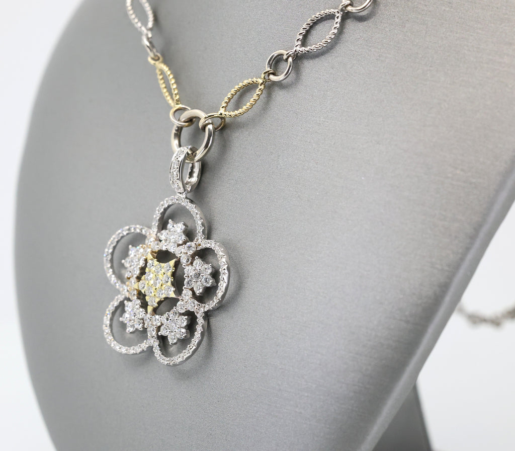 14k White & Yellow Gold Flower Diamond Pendant Necklace, 22.8g