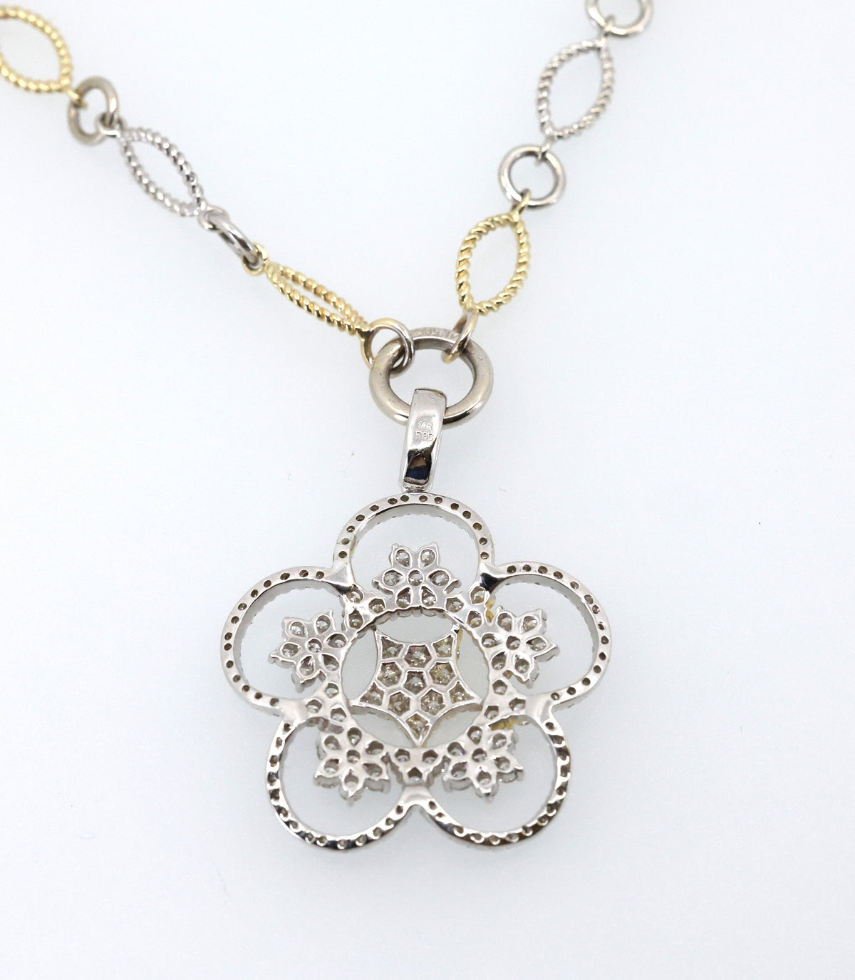 14k White & Yellow Gold Flower Diamond Pendant Necklace, 22.8g